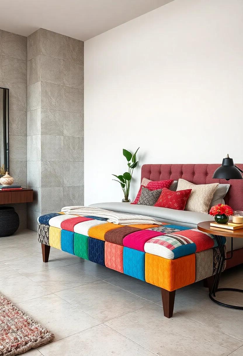 The⁢ Multicolored Patchwork Bench‌ – An eclectic choice, this patchwork bench brings‍ a splash of fun and vibrant ​color, perfect for a creatively styled bedroom