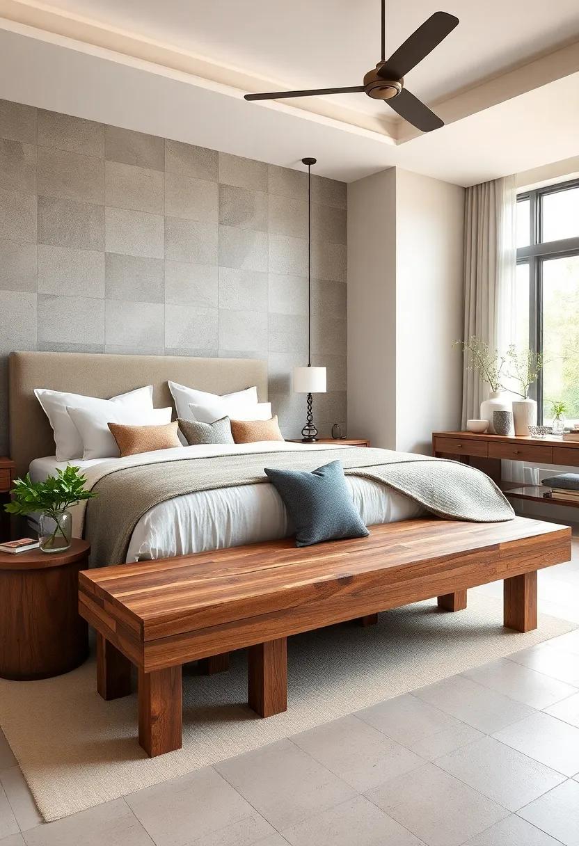The Reclaimed Wood Farmhouse Bench​ – Embrace sustainable luxury with a bench made from reclaimed wood, perfect for adding rustic charm to an upscale bedroom