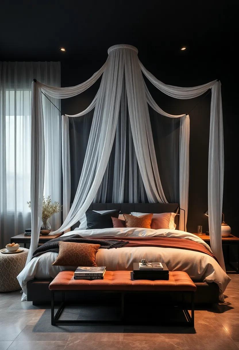 Canopy Beds: Consider a modern canopy bed draped with sheer fabrics in dark tones to create an intimate and cozy atmosphere