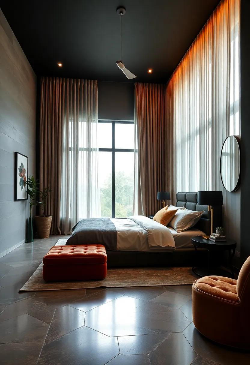 Elegant Window Treatments: Embrace floor-to-ceiling drapes in rich fabrics that frame the windows and add a touch of drama