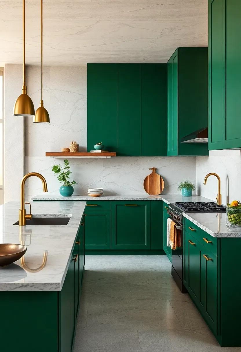 accent with Gold‍ Hardware: Learn⁤ how gold fixtures and handles can elevate the ​emerald palette, ‌adding a touch of glamour and shine to your kitchen