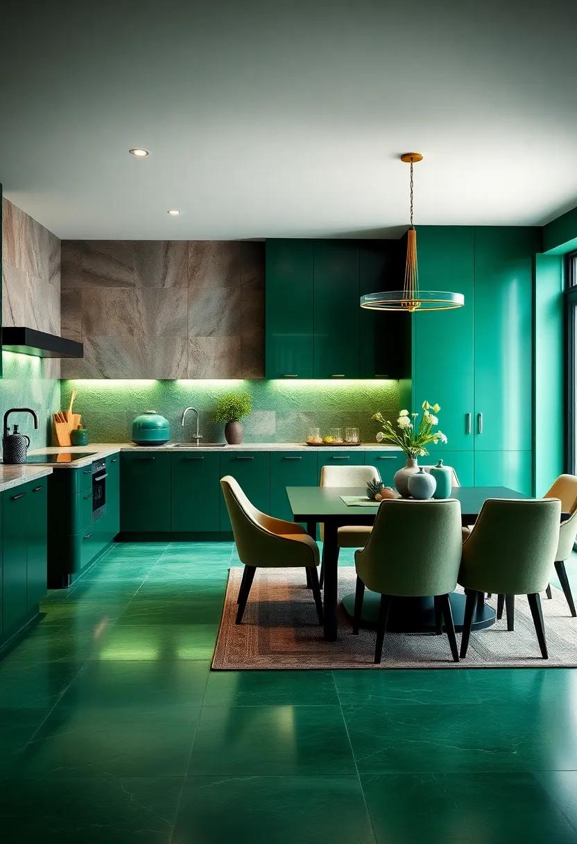 Chic Dining Area: Find inspiration in emerald hues for a coordinated dining area featuring upholstered chairs and a statement dining table