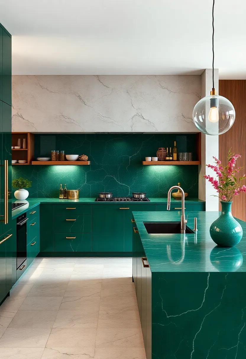 Elevated Countertop Finishes: Opt ​for rich emerald tones in engineered ‍stone countertops that offer luxury with high durability