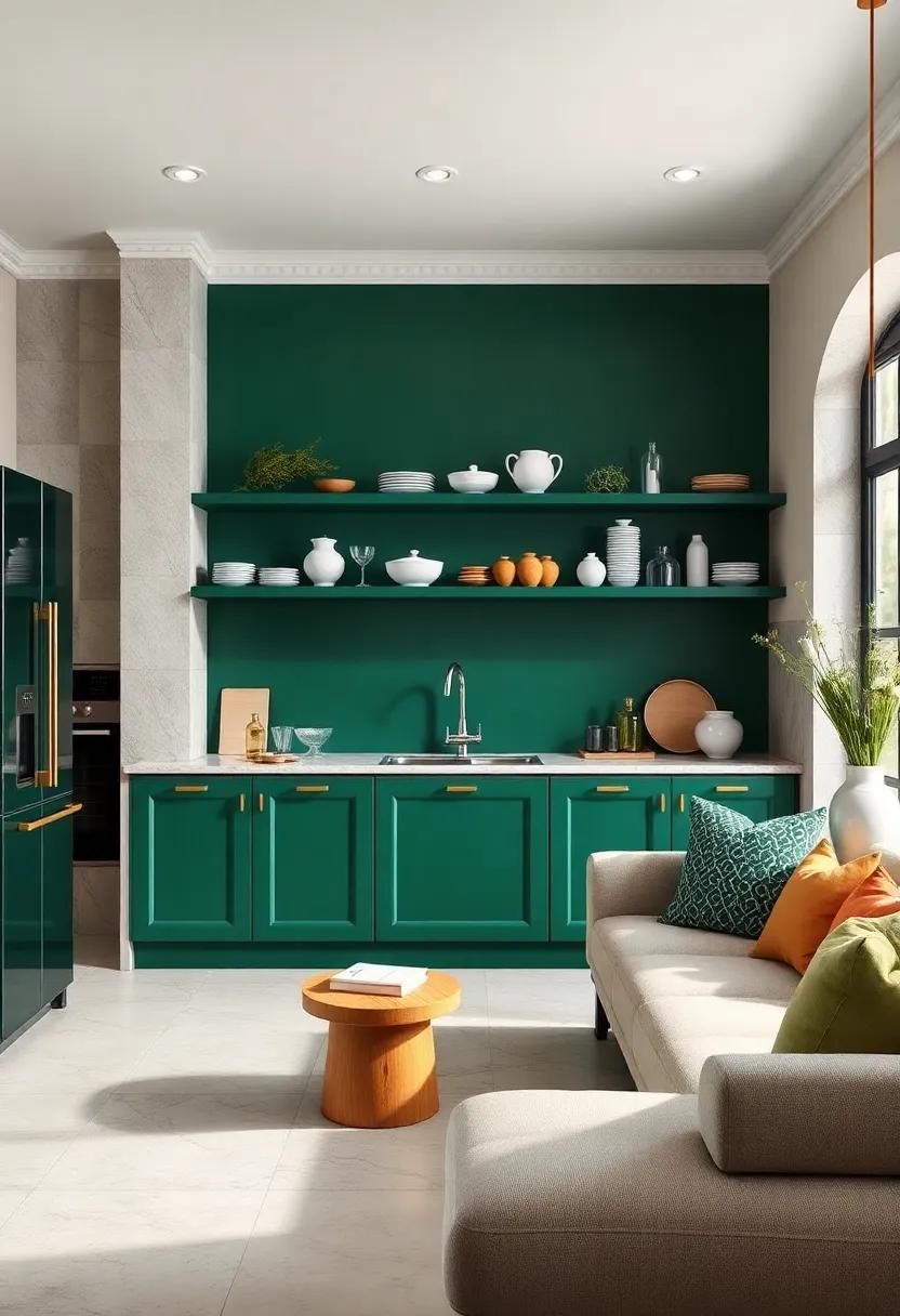 integrate Open Shelving: Learn⁣ about ⁢the beauty of open​ shelves painted in emerald green, allowing you to showcase porcelain ⁣and glassware artfully