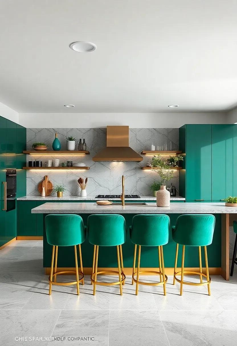 unique ⁢Bar Stools: Discover ​how emerald ‍bar stools with⁤ gold accents can serve as eye-catching décor pieces within your luxury kitchen setup