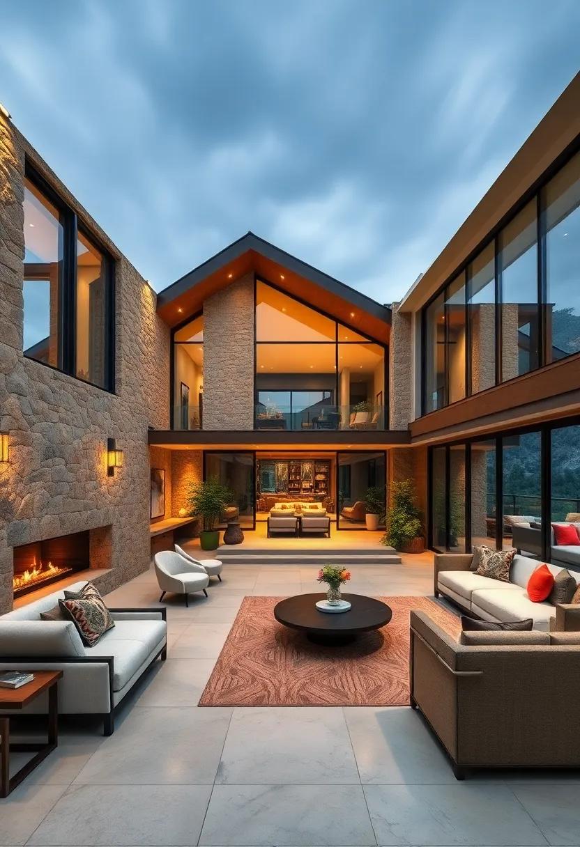 Majestic ‍Mountain​ Retreat: Nestled against a breathtaking backdrop, this mansion features natural stone facades and expansive glass walls, creating a seamless‍ blend with ‌its ‍mountainous surroundings