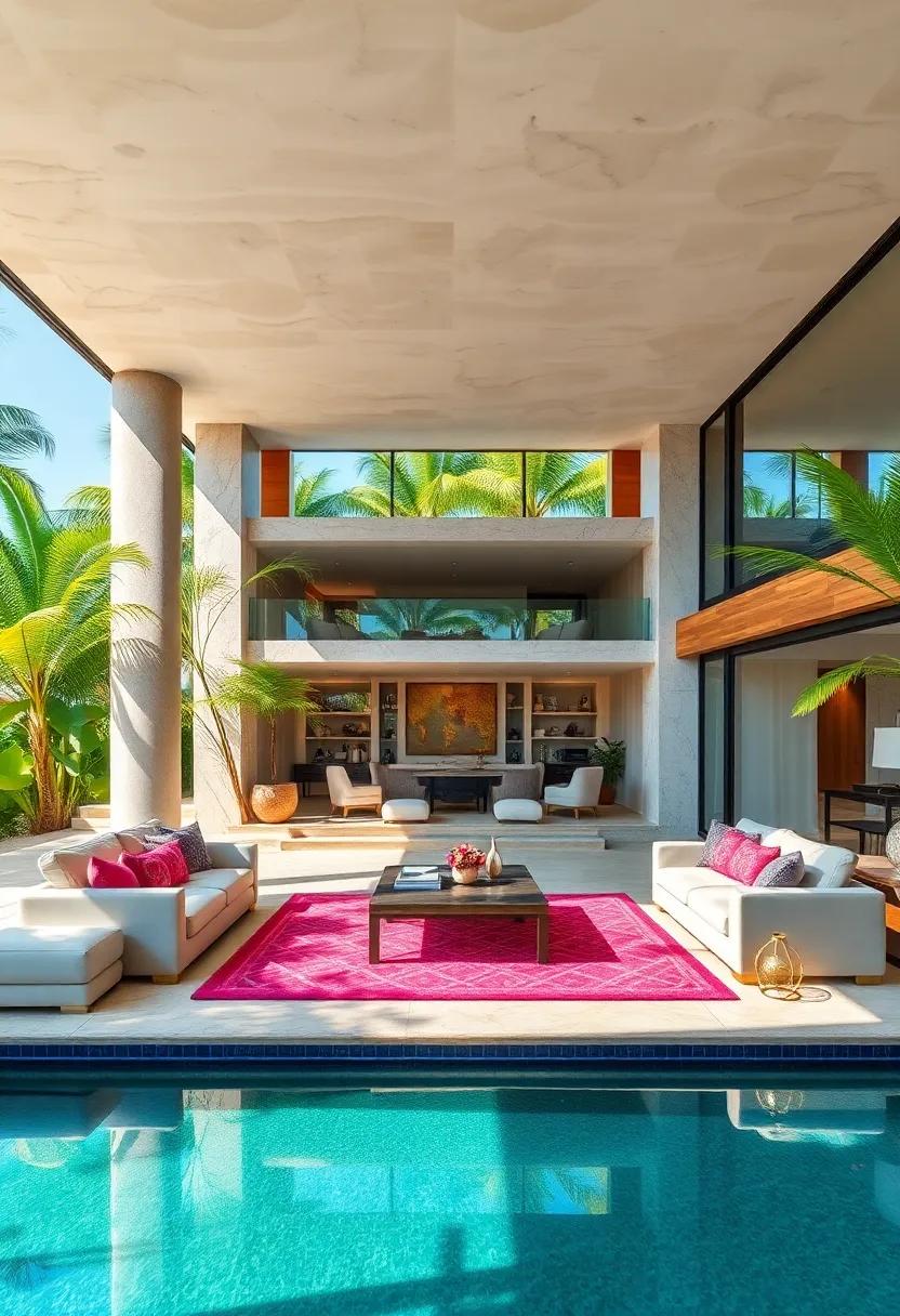 Tropical Paradise: Surrounded by palm trees and pristine beaches, ​this ​mansion integrates natural elements and open spaces,​ bringing the lush outdoors right into its living areas