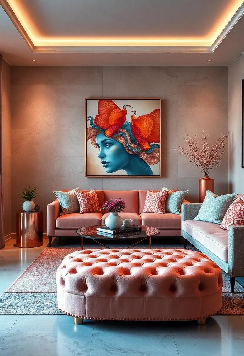 Plush Rose Gold Upholstered Ottoman: Perfect as a footrest or additional seating, this ottoman adds a cozy yet glamorous vibe to your space