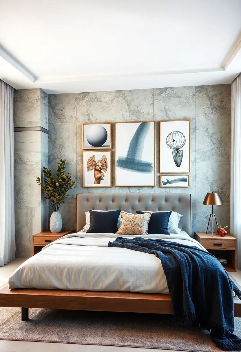 artistic Display with Wall Art: Curate a collection of artwork or photographs that resonate with you, making your bedroom walls an expression of your personality