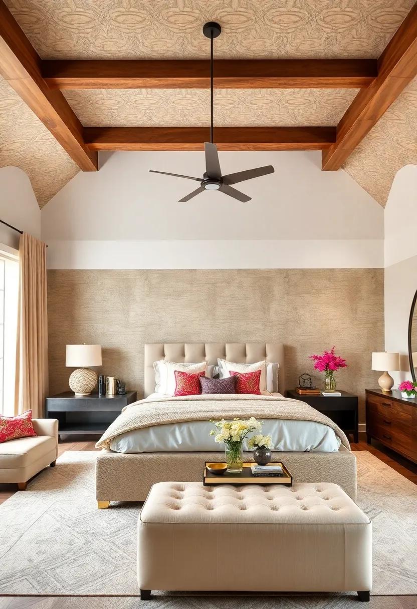 ceiling Treatments for Interest: Draw the eye upward with decorative ceiling treatments, such as ⁢beams or wallpaper, creating a dramatic‍ effect