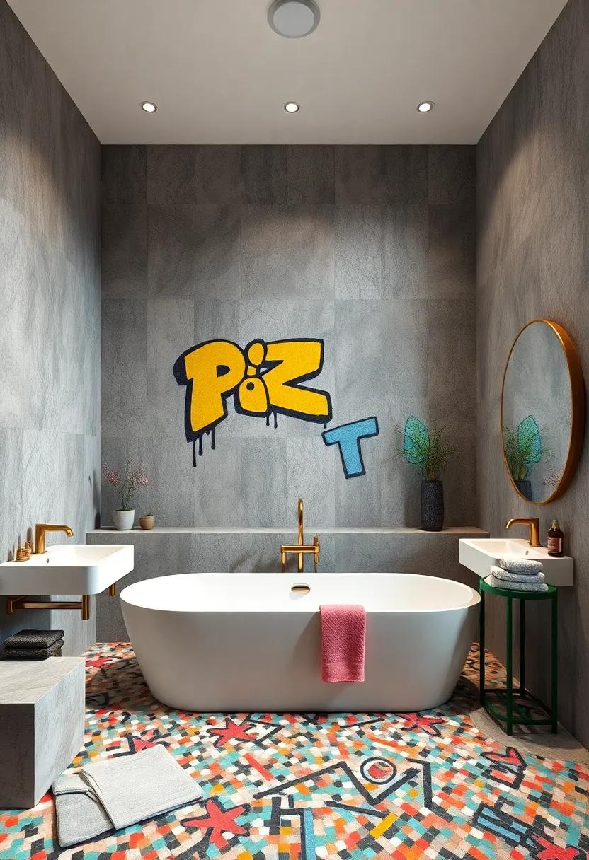 Delight‍ in a maximalist bathroom that embraces vibrant graffiti-style mosaics, showcasing urban artistry ‌and culture that brings an edge to traditional elegance