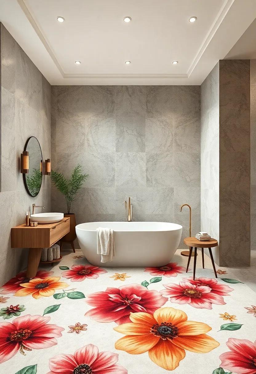 embrace the unexpected with⁢ bold, oversized floral mosaics that dominate the floor, inviting nature’s beauty to take center stage in this stunning bathroom