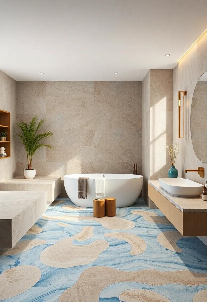 Experience the calming ⁢effect of ocean-inspired mosaics in serene shades of ⁣blue and sandy beige, evoking the tranquility of coastal living‌ in this maximalist retreat