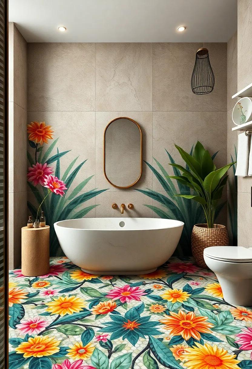 Explore ‌a vibrant palette of colors in this bold maximalist bathroom, where intricate mosaic tiles⁤ create a stunning floral design that brings the essence⁤ of nature indoors