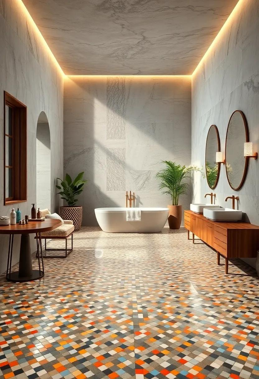 Explore the interplay of light and texture in this maximalist sanctuary, where reflective ⁣mosaic tiles catch the light and create a visually dynamic environment