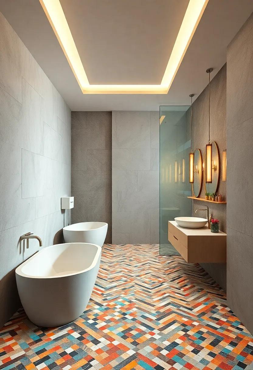 Immerse yourself in a geometric wonderland with a ​striking combination of hexagonal and ‍triangular mosaic patterns, making ‍this bathroom a visual masterpiece