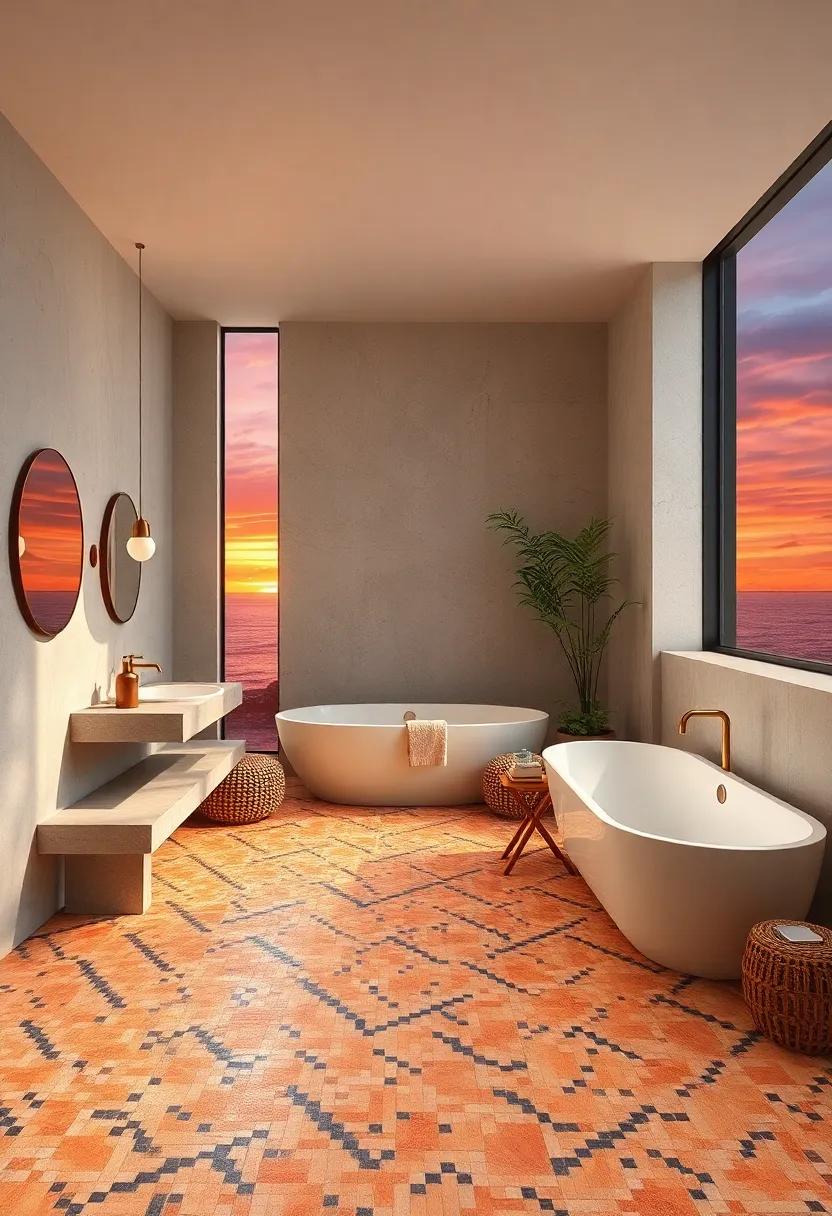 Step ⁤onto a radiant sunset in this bathroom retreat,⁣ featuring warm earth-toned mosaic tiles that ​create a soothing transition from day to night