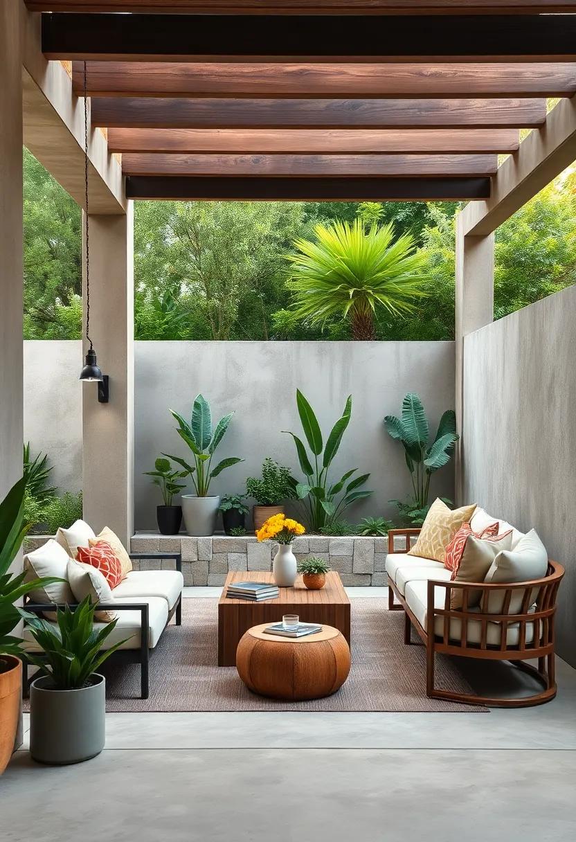 Minimalist Concrete Walls: Opt for sleek minimalist concrete walls that ⁢provide a modern contrast against the lush⁢ greens ‍and soft earth tones