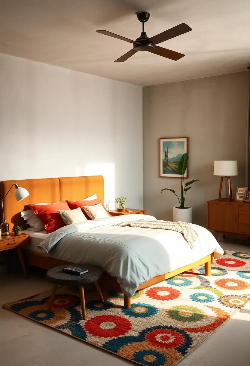 Incorporate a Statement Rug: Select a bold area rug with retro patterns to anchor the space and showcase the vibrant mid-century ​look