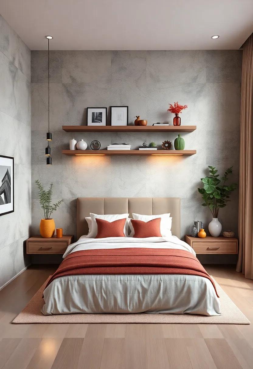 Floating shelves: Create an illusion of‌ space and‍ display your ‍favorite decor by installing floating shelves above your bed or beside your nightstands