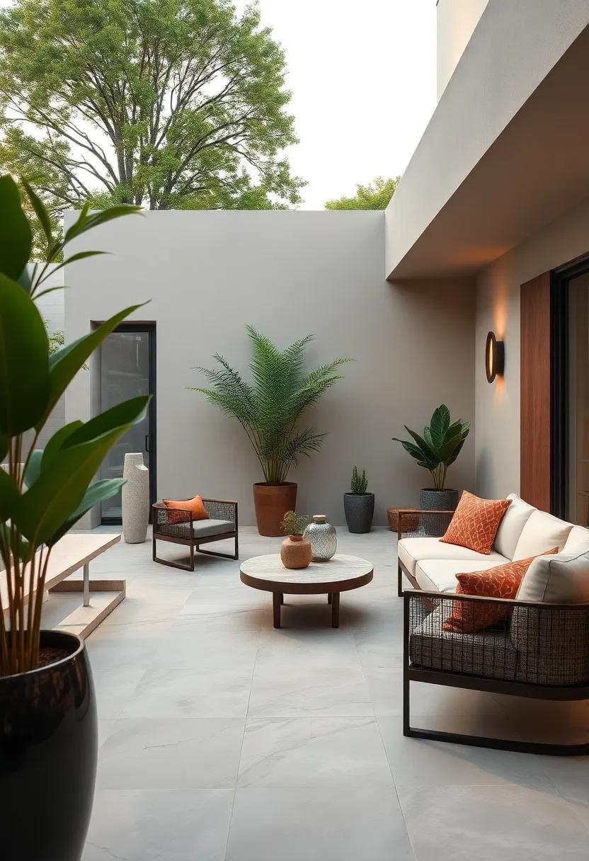 Achieve ⁤modern elegance​ through a polished stone patio with subtle texture, enhanced by understated, sculptural‍ outdoor art pieces