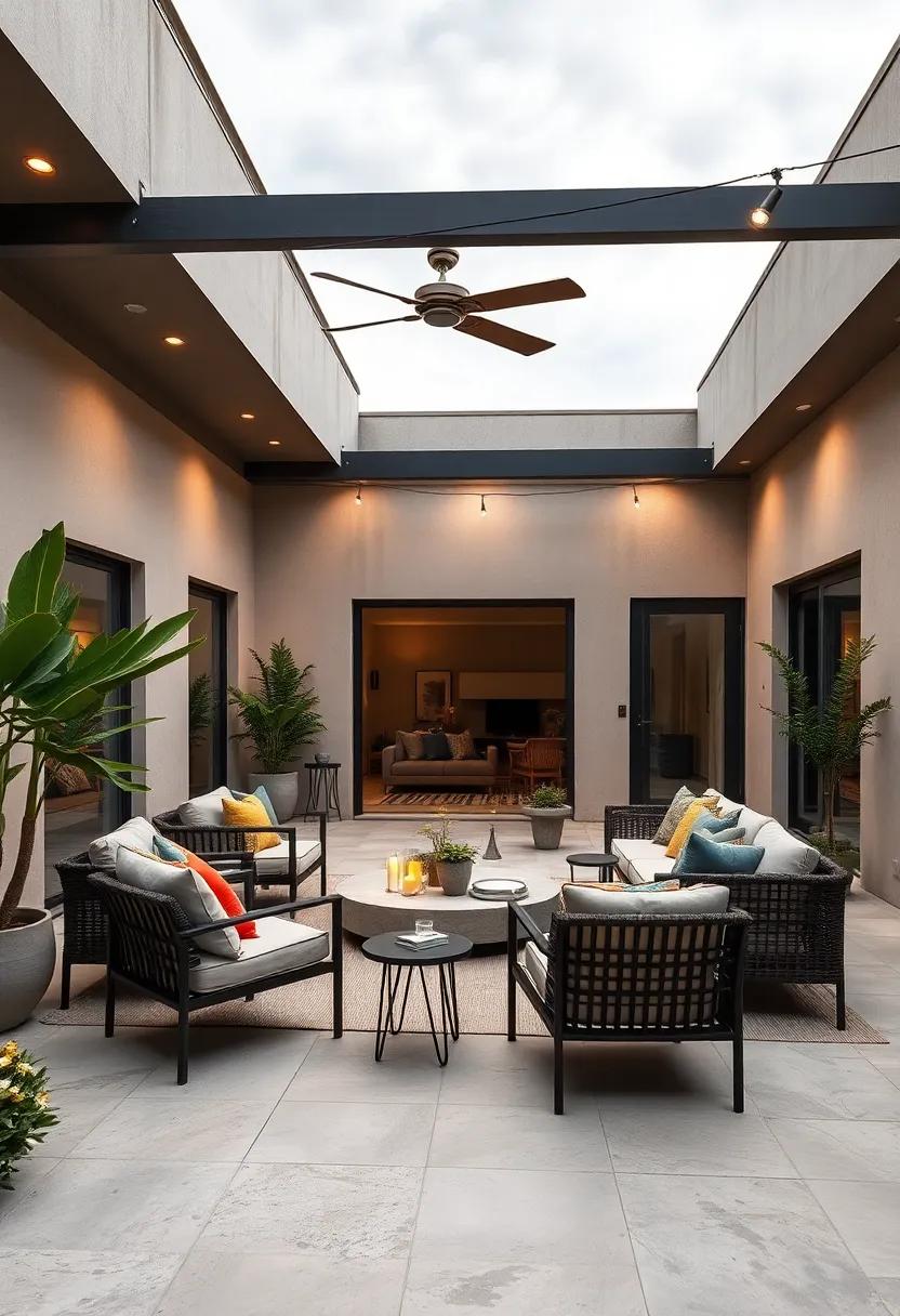 An angular, modern patio layout with strategically placed seating promotes open‌ conversations while‍ remaining visually stunning and ⁣uncluttered