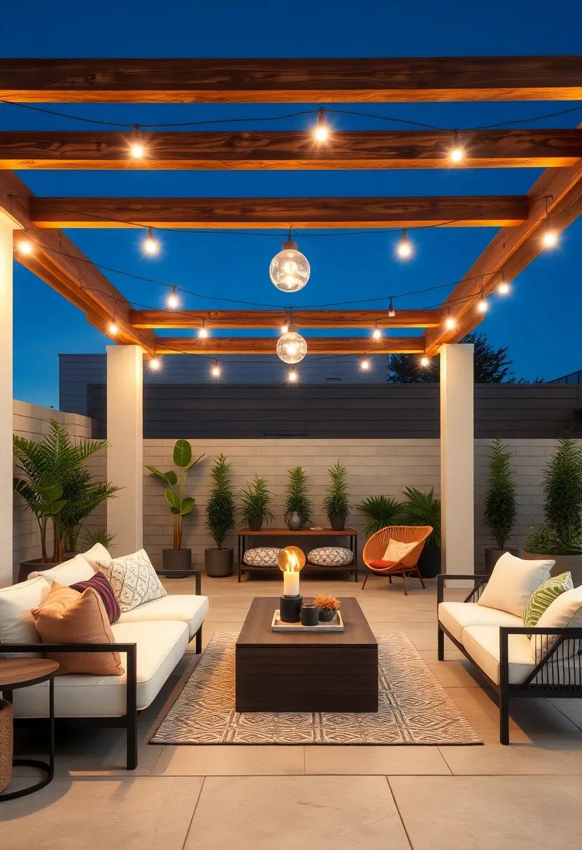 Bask in​ the glow of pendant lighting strung across a simple wooden pergola,‍ fostering a warm‍ and welcoming ambiance under the stars