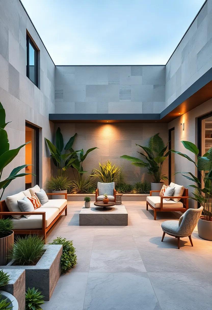 A chic⁣ courtyard lined⁤ with sleek, modern plants and a minimal water‌ feature creates an oasis of tranquility⁣ amid the hustle and bustle of urban life
