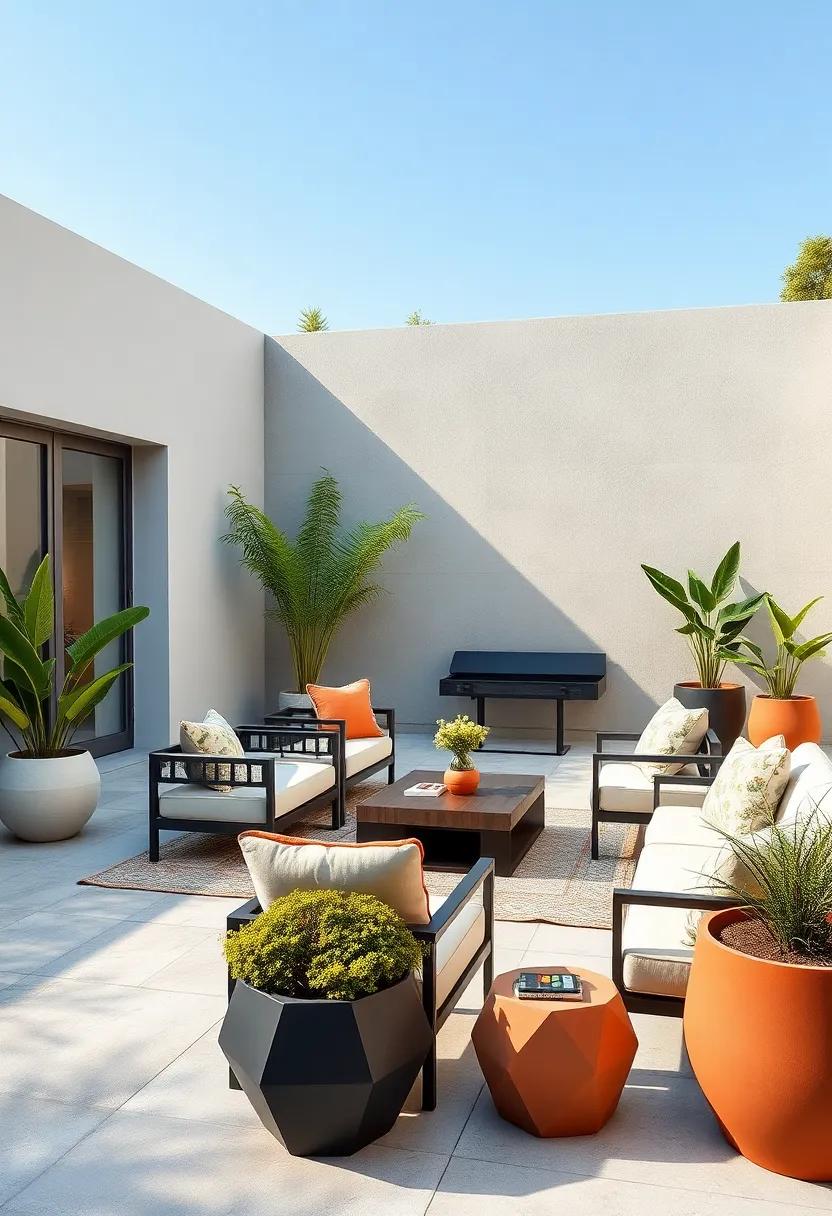 A concrete patio highlighted by⁢ minimalist ⁣outdoor furniture and bold, geometric planters, showcases the harmony between ⁢man-made and natural ‍elements