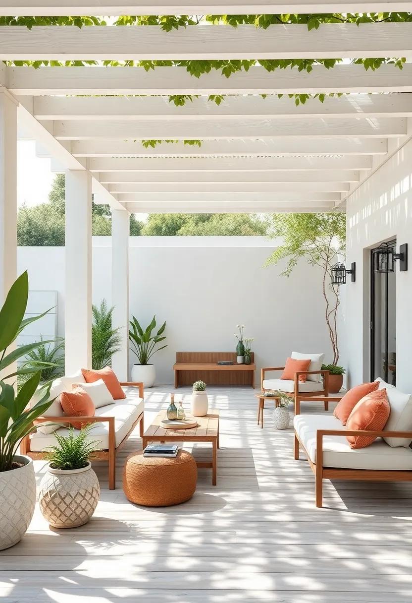 Discover the ⁢beauty of white-washed wood, featuring sleek ‍lines and understated ⁣furniture that invites relaxation under a⁣ canopy of greenery