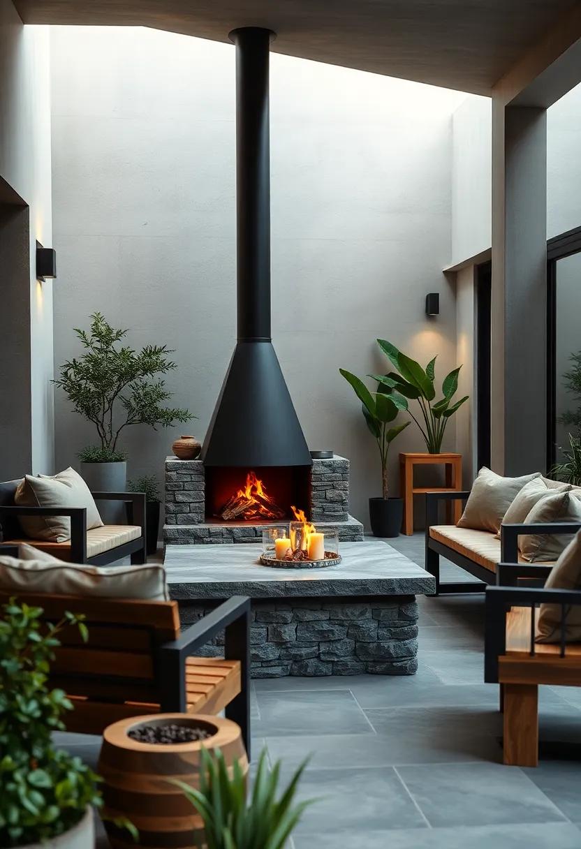 Elevate your space with a wood-burning stove centerpiece surrounded by simple wooden benches encouraging‌ warmth and social gatherings