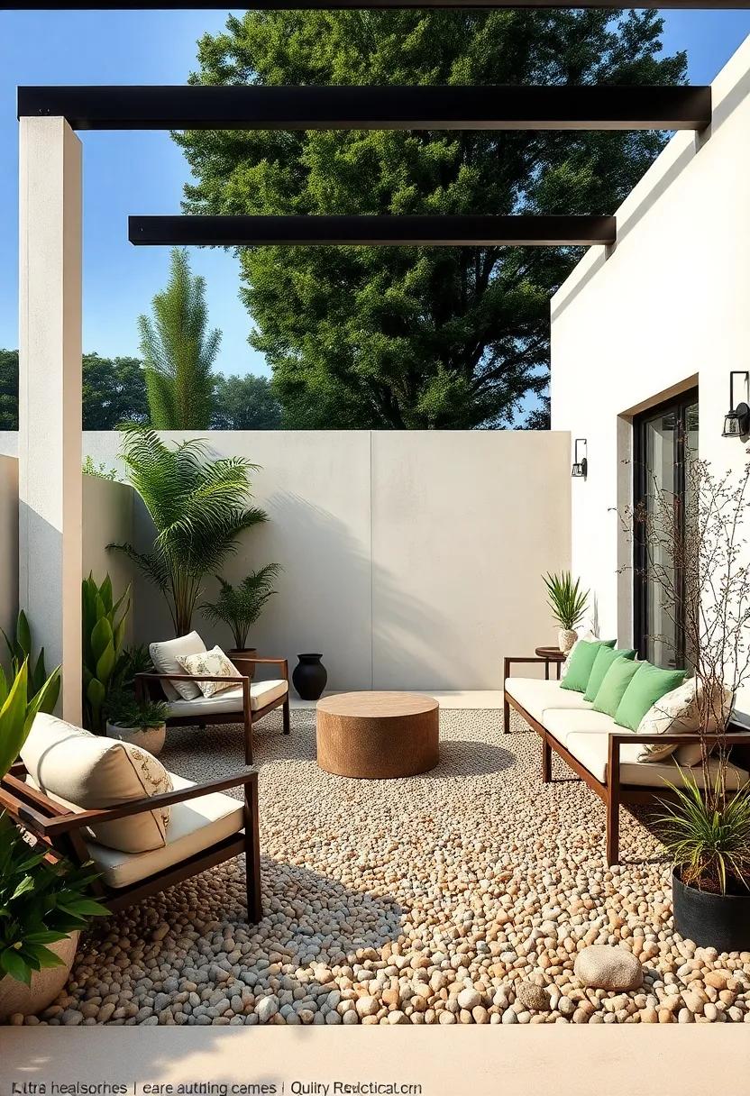 Embrace the essence of simplicity with a gravel patio adorned with​ meticulously arranged⁣ stones, creating a calming and textural ‌outdoor ‌space