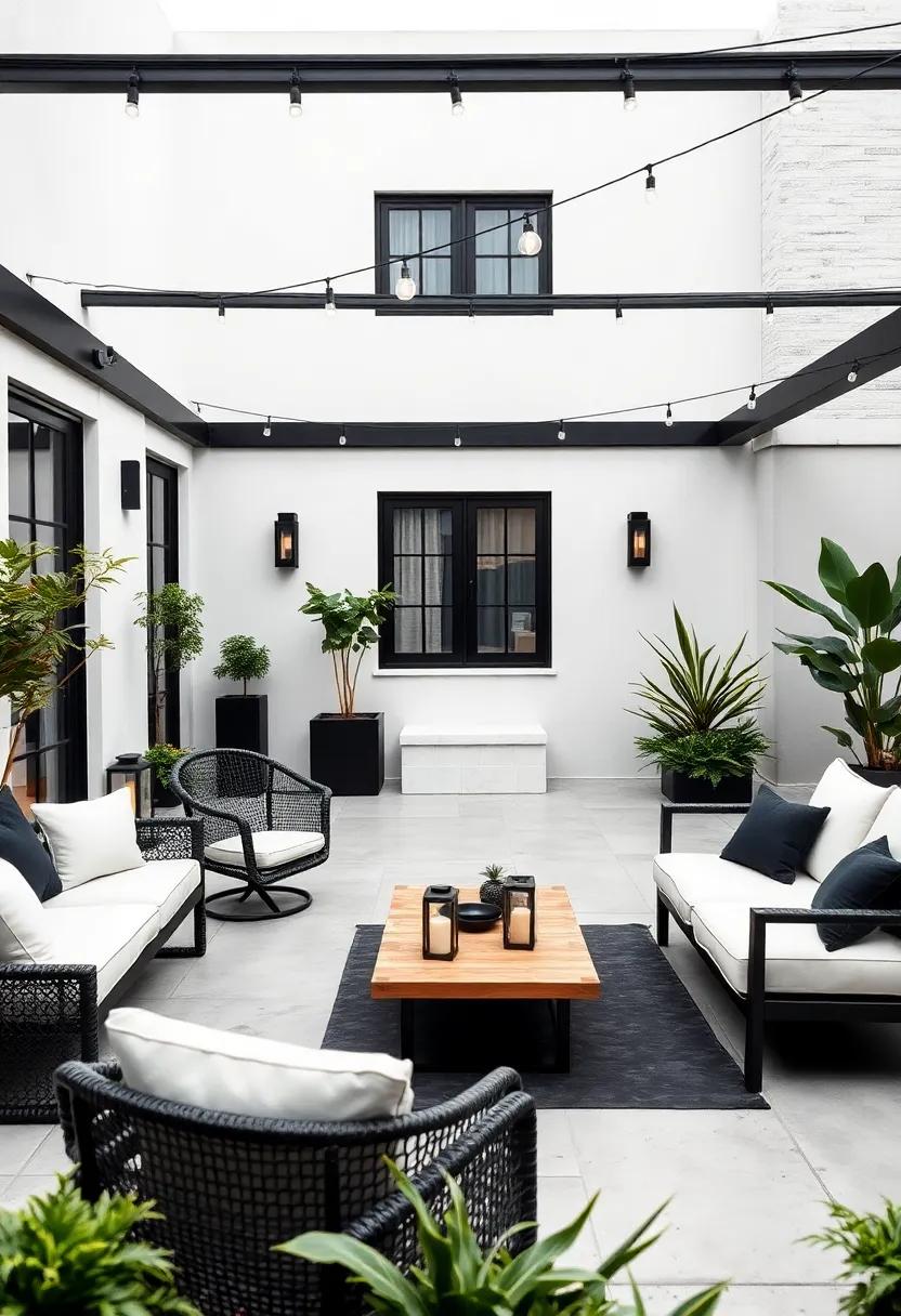 A monochromatic black and white patio with sharp⁤ contrasts, accented⁤ by simple lanterns and understated‌ plants, exudes sophisticated elegance