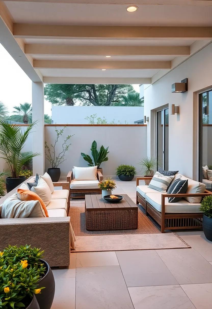 relish the simplicity of⁤ a monochromatic patio featuring oversized​ cushions and‍ soft blankets, inviting lounging⁣ throughout the day and night