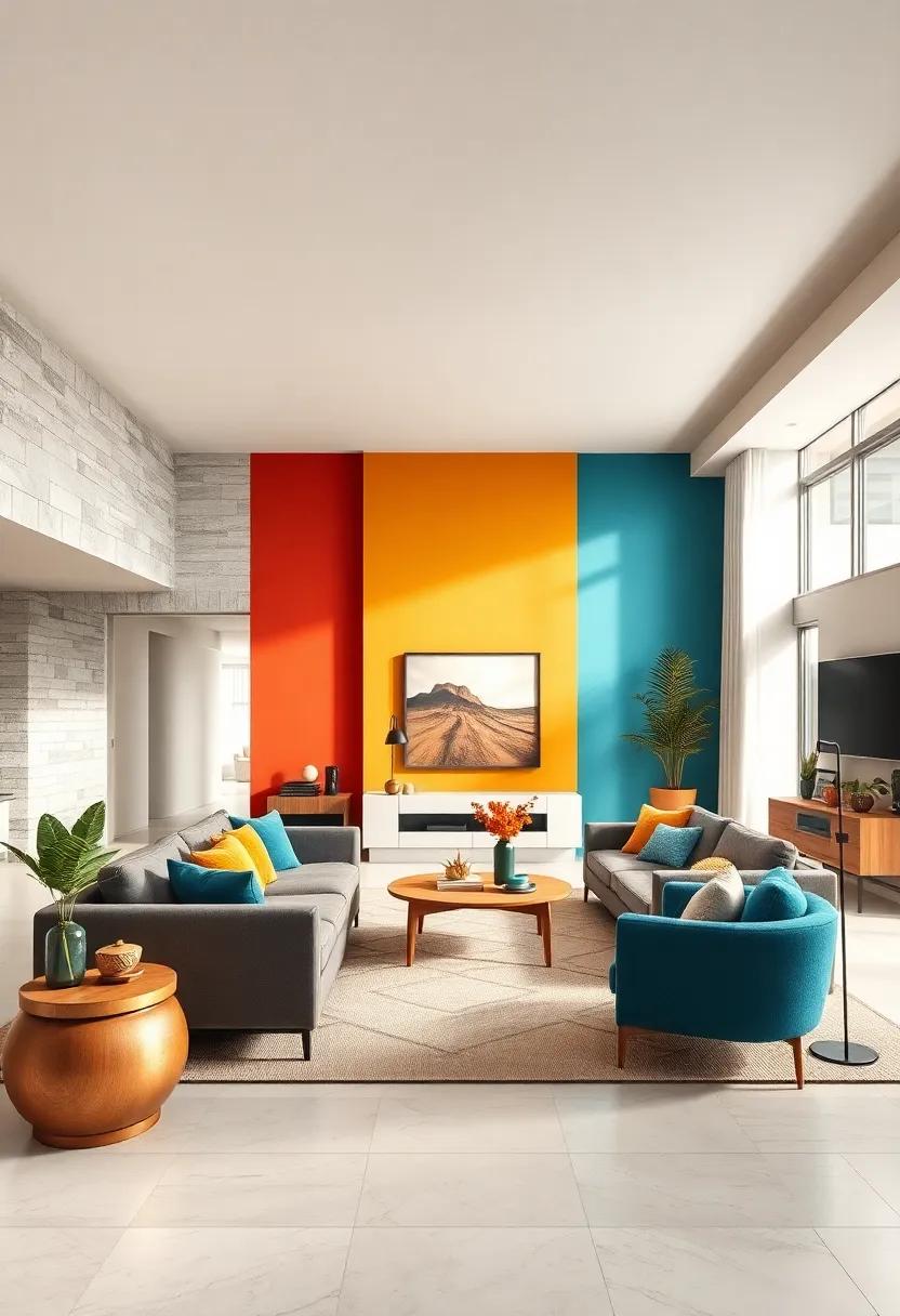 Dynamic Wall Colors: Paint‌ an accent wall in a⁢ daring hue ‍to create ⁢a focal point, enhancing the modern aesthetic of your living room