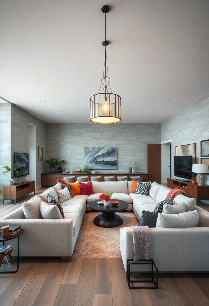 Bring in Statement Lighting: Hang a bold pendant light above your sectional to anchor the living area and draw the eye