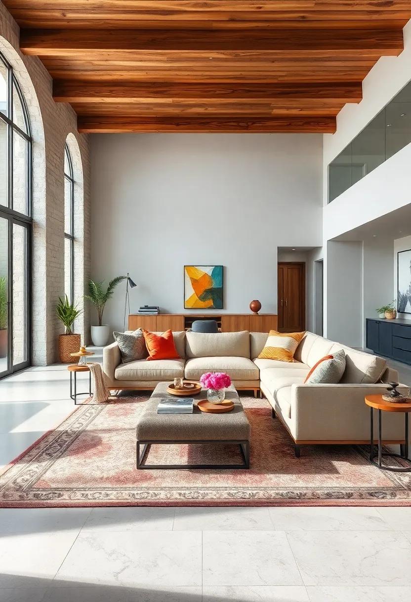 Layer with Rugs: Use an area rug to ground your sectional, adding warmth and pattern to your open concept space