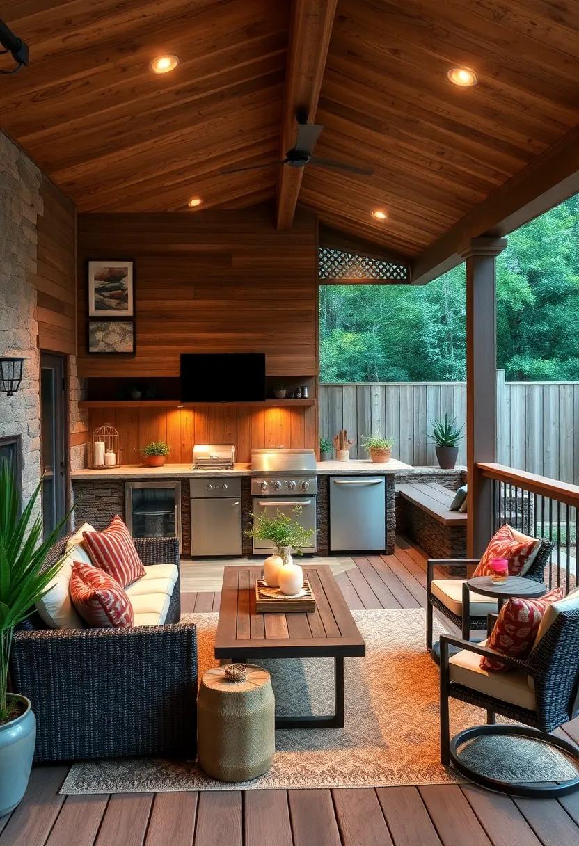 Embrace⁣ Nature with​ a​ Rustic Wooden Deck Kitchen: Create ⁣a warm and inviting atmosphere by incorporating reclaimed wood elements into your outdoor kitchen, blending seamlessly with your⁢ backyard⁤ surroundings