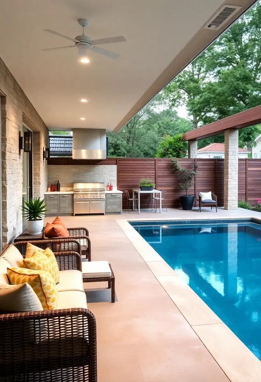 Stunning Swimming Pool Integration: Position your outdoor kitchen next to a swimming pool,enhancing the backyard oasis vibe while providing easy access to refreshments
