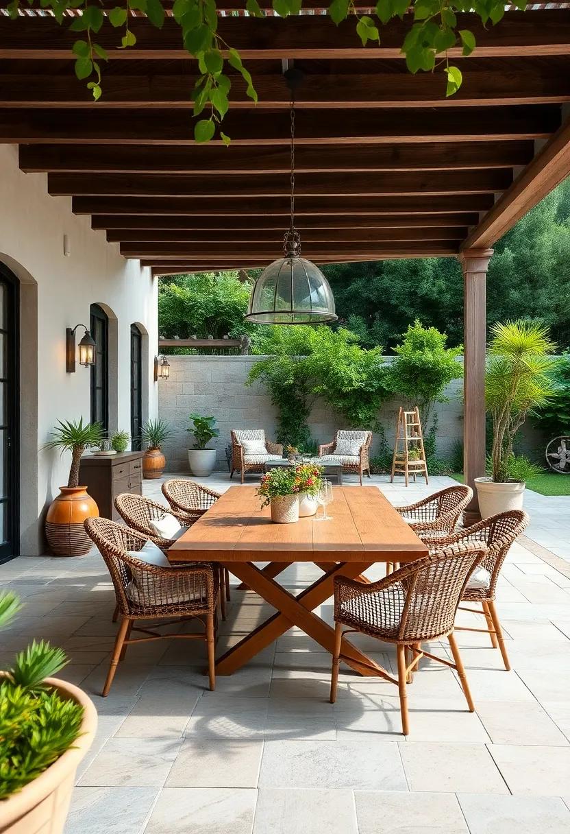 Outdoor Dining Area: Design an⁢ inviting dining ​space with a wooden table‍ and wicker chairs​ for alfresco meals‍ under⁢ the stars