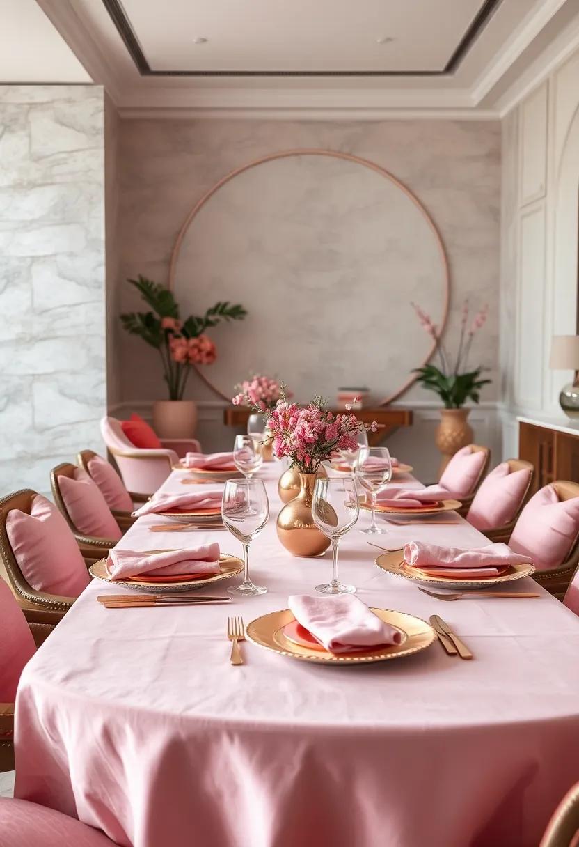Lend a unique⁤ flair to your dining experience with pink linen table ‌settings‌ adorned with ⁣rose gold chargers and delicate ​glassware
