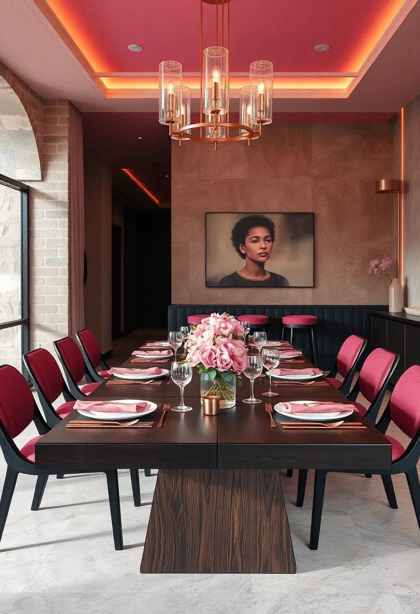 Unveil the drama of a dark wooden dining table⁢ adorned with rose gold cutlery​ and pink floral arrangements, perfect for an upscale dinner atmosphere