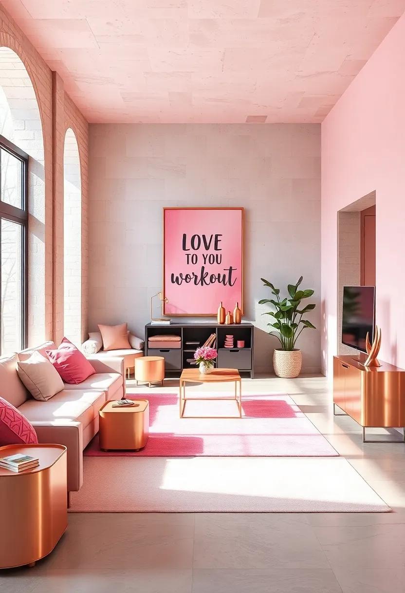 Infuse energy into your workout space with ⁣motivational⁤ pink ⁢wall art surrounded by rose gold storage solutions