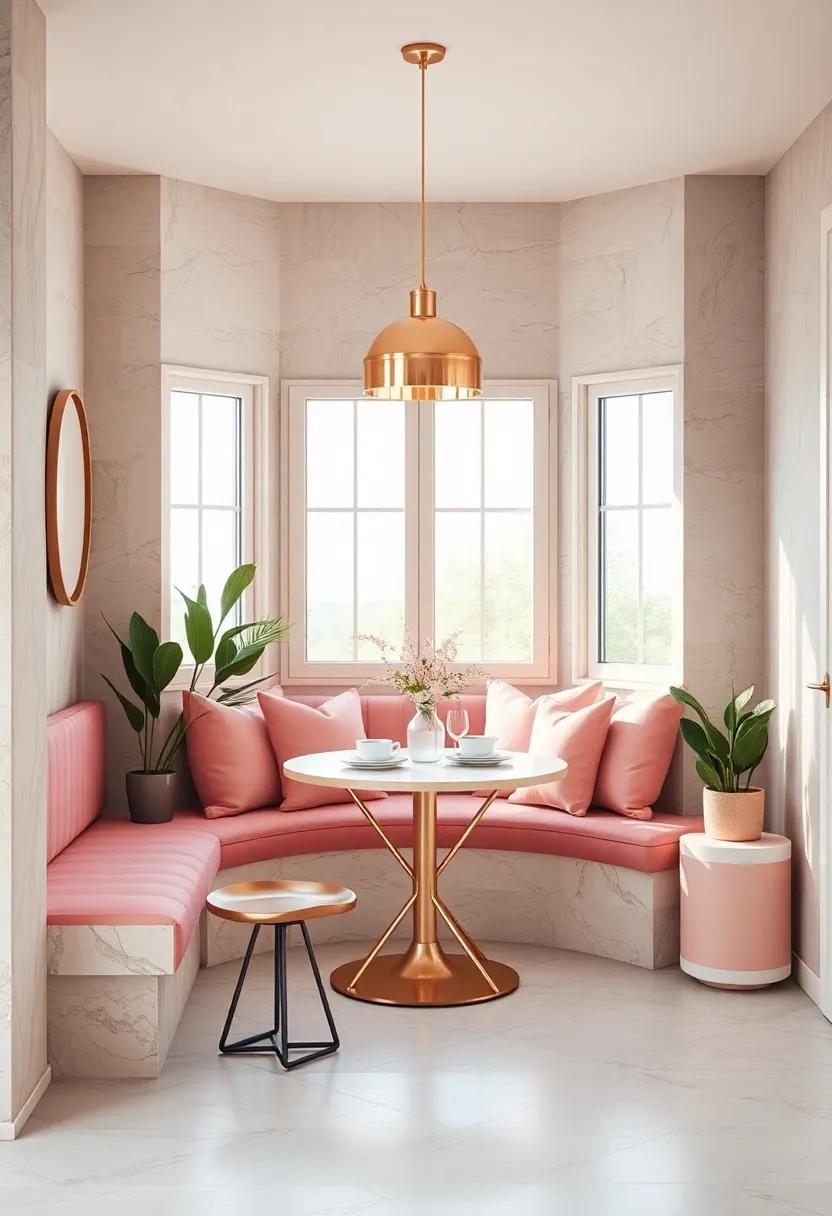 Imagine ​a ‍delightful⁢ breakfast nook ⁢featuring ‍soft pink cushions and rose gold ‌pendant lighting that inspires‌ cheerful​ mornings