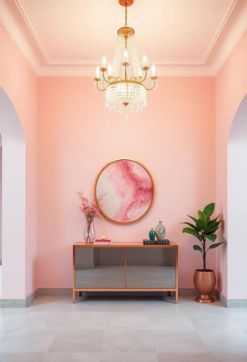 Delight ​in the glamour of a ‌pink-hued entryway, with⁤ a statement⁢ chandelier casting a ‍warm glow over a stylish​ console table