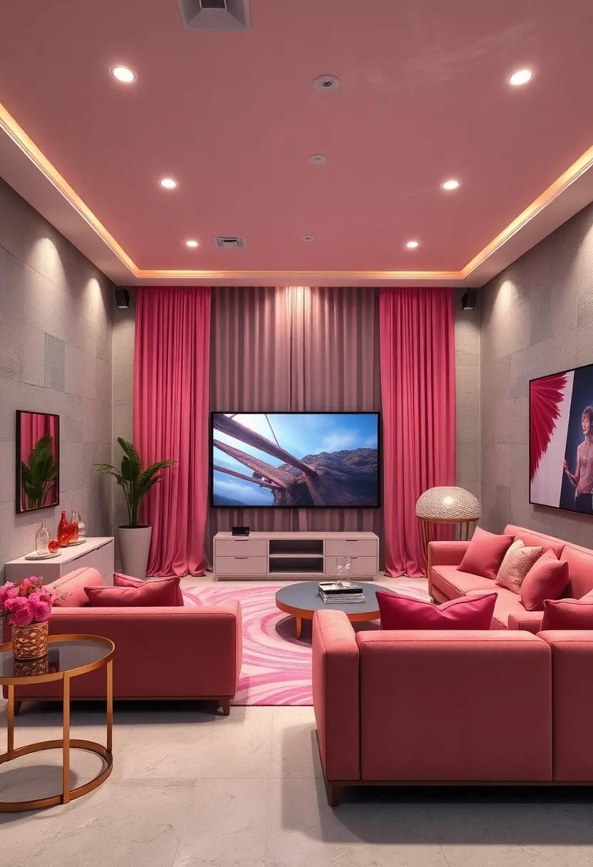 create the ​perfect ambiance in a media room with lush⁢ pink curtains⁤ and rose gold⁣ accents, making movie⁢ nights⁤ feel extra special