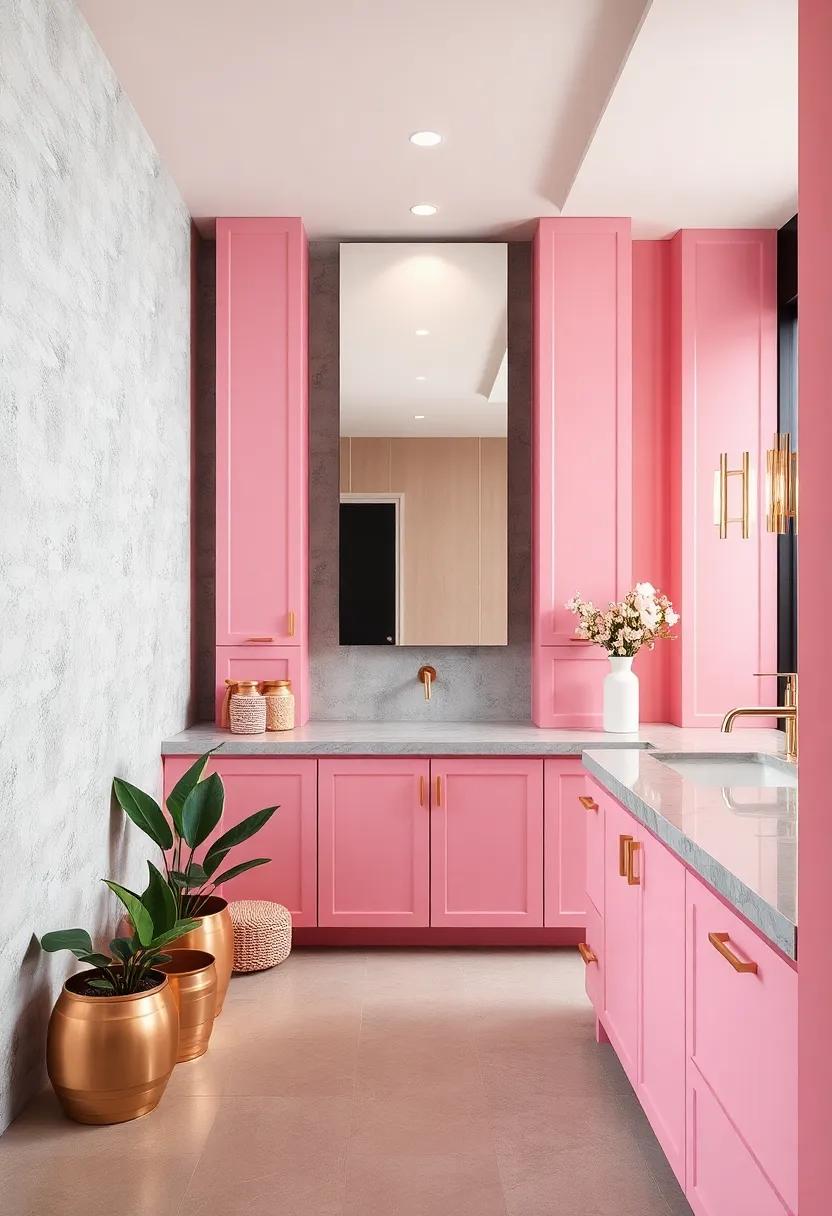 Experiment with ​pink⁤ cabinetry in a chic bathroom, highlighting rose gold⁤ fixtures for an unexpected ⁢twist on luxury