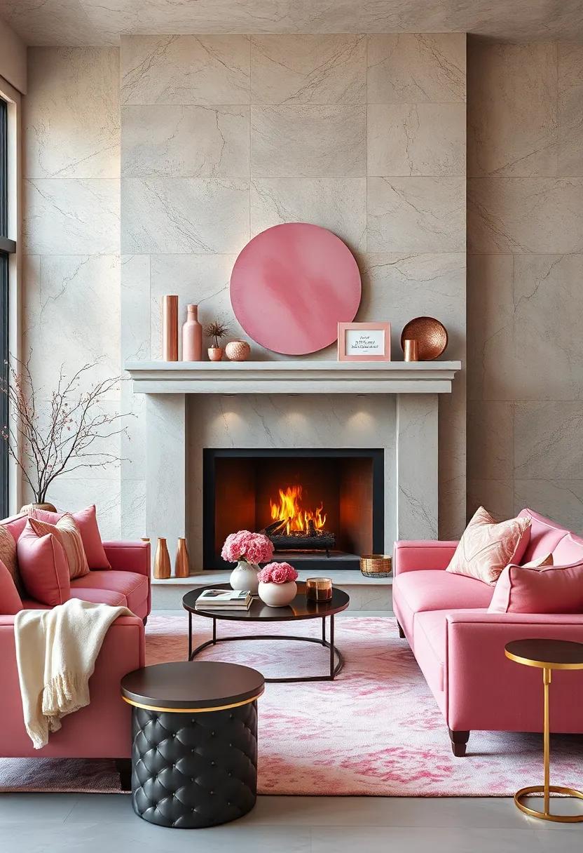 Capture cozy nights with a pink and rose gold fireplace setting ​adorned with elegant⁣ accessories‌ that enhance warmth and style