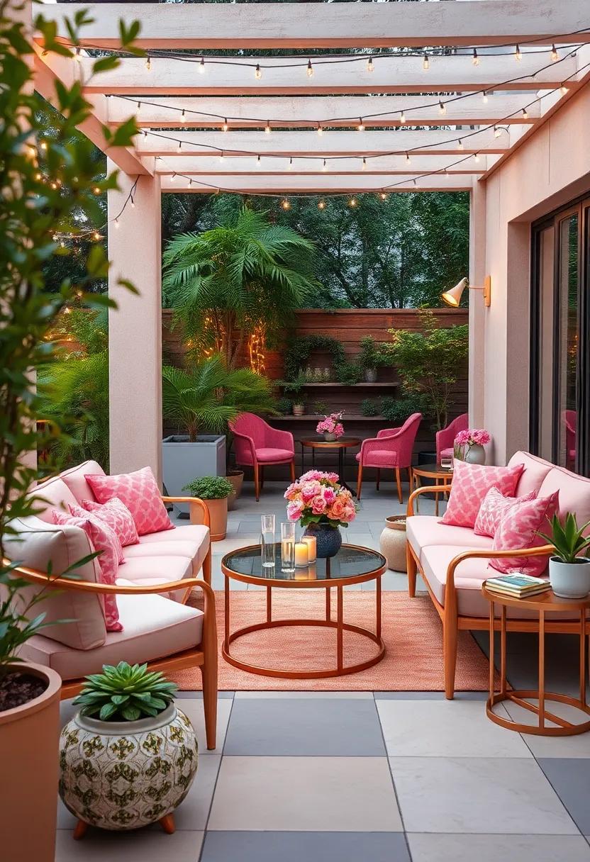 revel in the beauty of ​an ‍outdoor lounge area, where rose ​gold patio furniture meets plush pink cushions under twinkling fairy lights