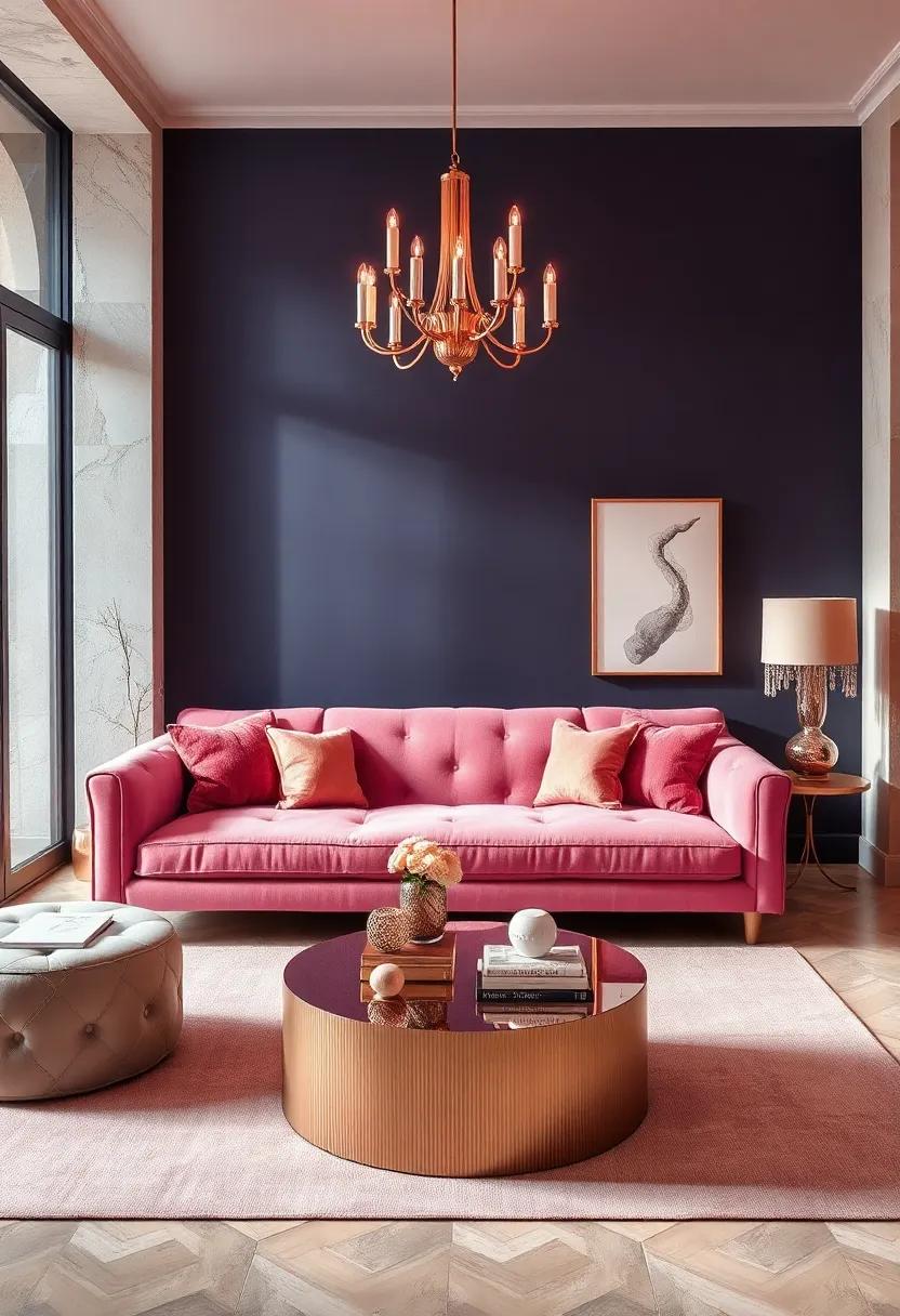 Experience the warmth of a pink⁢ velvet sofa against a backdrop of deep navy ⁣walls,⁣ creating‍ a stunning contrast that demands attention